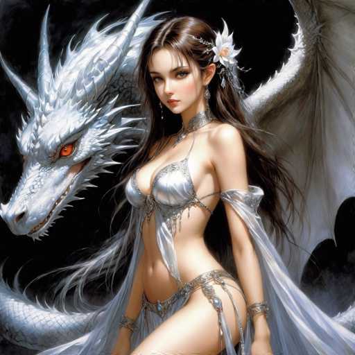 The image depicts a striking fantasy scene with a young woman and a majestic white dragon set against a black background. The woman, who appears to be of Asian descent, has long, dark brown hair adorned with a white flower and a silver chain around her neck. She is dressed in a revealing silver bikini top and bottom, with additional silver chains and a flowing white cape that drapes over her arms. Her outfit is complemented by silver bracelets on both wrists. The dragon, positioned to her left, is a formidable creature with white scales, red eyes, and a slightly open mouth revealing sharp teeth. Its wings are spread wide, and its body is partially visible, with a long tail extending behind the woman. The dragon's presence adds an element of mystique and power to the scene, enhancing the overall fantasy atmosphere.