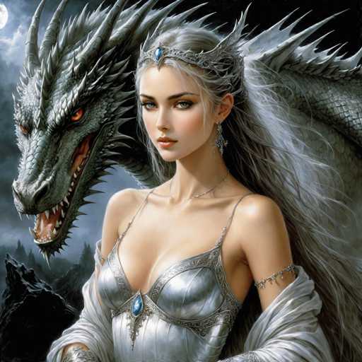 The image portrays a striking fantasy scene featuring a young woman and a dragon set against a dark, cloudy night sky. The woman, who has long, flowing gray hair, is adorned with a silver tiara encrusted with blue jewels and a matching necklace. She wears a low-cut silver dress with intricate designs, complemented by a white shawl draped over her arms. Her expression is serious, and she gazes directly at the viewer. Behind her, a menacing gray dragon with red eyes and sharp teeth looms, its scales gleaming in the moonlight. The dragon's head is positioned to the left of the woman, and its body extends to the right, partially obscured by her figure. The background is filled with dark, jagged mountains and rocks, enhancing the eerie and mystical atmosphere of the scene.