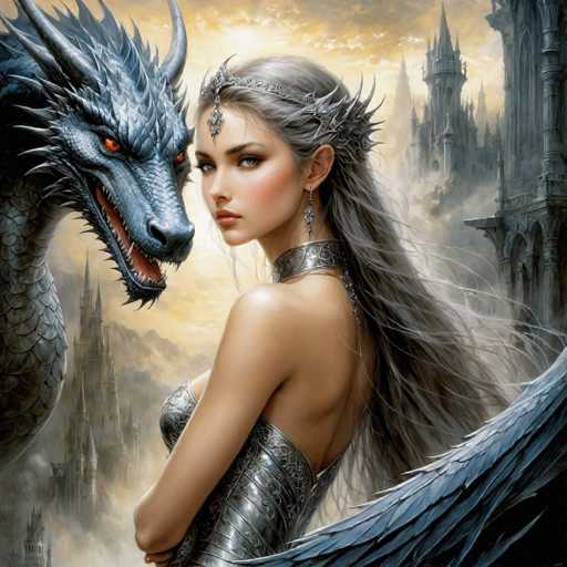 This detailed fantasy illustration features a striking young woman with long, flowing gray hair, adorned with a silver tiara and a matching choker. She wears a form-fitting, sleeveless silver dress that accentuates her elegant figure. Her expression is serious, and she gazes directly at the viewer. To her left, a menacing gray dragon with glowing red eyes and sharp teeth looms, its head turned towards her. The background reveals a grand, medieval-style castle with multiple spires and towers, partially obscured by clouds and fog, adding to the mystical atmosphere. In the bottom right corner, a large, blue feathered wing extends into the frame, hinting at the presence of another mythical creature just out of sight. The entire scene is rendered in a rich palette of grays, silvers, blues, and subtle hints of red, enhancing the fantastical and dramatic mood of the artwork.