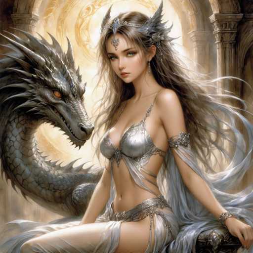 A woman with long blonde hair and a silver headdress is depicted sitting on a throne, wearing a white dress and gold jewelry. A large dragon is standing behind her, its eyes focused on the woman.