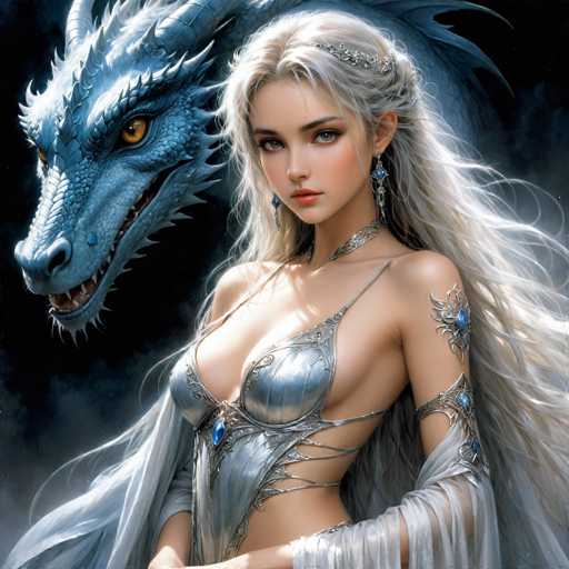 The image depicts a highly detailed, computer-generated fantasy scene featuring a young woman and a dragon. The woman, who appears to be in her early 20s, has long, flowing white hair and is adorned with a silver tiara and blue earrings. She wears a revealing silver bra with intricate designs and a sheer, white cape-like garment that drapes over her arms. Her attire is further embellished with blue jewels and silver metal accents, including a piece that wraps around her upper arm. The woman has a pale complexion and is looking directly at the viewer with a serious expression.

Behind her, a menacing blue dragon with sharp teeth and orange eyes looms, its head turned to the left. The dragon's scales are detailed, and its presence adds a sense of danger and mystique to the scene. The background is a dark, smoky mix of black and gray, enhancing the fantastical and somewhat ominous atmosphere. The overall composition suggests a blend of elegance and peril, characteristic of fantasy art.