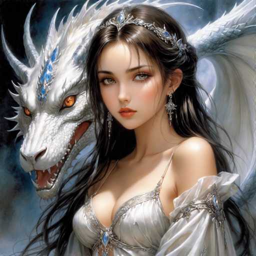 The image depicts a young woman with long, dark brown hair, adorned with a silver tiara featuring blue jewels. She has striking green eyes and is wearing a white, lacy dress with thin straps and a low neckline, embellished with blue jewels and silver accents. Her left shoulder is bare, while her right shoulder is covered by a flowing sleeve. She is accessorized with long, dangling earrings and a blue jewel on her chest. The woman is looking directly at the camera with a serious expression. Behind her, a white dragon with orange eyes and a slightly open mouth, revealing sharp teeth, is visible. The dragon has blue jewels on its head and wings, adding to the fantastical atmosphere of the scene. The background is a dark, smoky gray, enhancing the dramatic and mystical feel of the image.