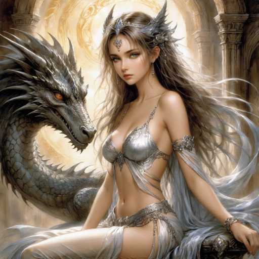 The image depicts a highly detailed, computer-generated fantasy scene featuring a young woman and a dragon. The woman, who has long, flowing brown hair adorned with a silver crown and a blue jewel hanging from her forehead, is dressed in a revealing silver bikini top and bottom. She also wears a silver belt and a flowing white cape that drapes over her shoulders and extends to the floor. Her left arm is adorned with a silver armband, and she has silver earrings. She is seated on a black chair, looking directly at the viewer with a serious expression.

To her left, a menacing gray dragon with orange eyes and sharp teeth is positioned. The dragon's head is turned towards the woman, seemingly fixated on her. Its body is covered in scales, and it has a long neck and a tail that wraps around the woman's legs.

The background features a grand, ornate building with tall, stone columns and intricate designs. A large, glowing yellow light emanates from behind the woman, creating a halo effect that enhances the mystical atmosphere of the scene.