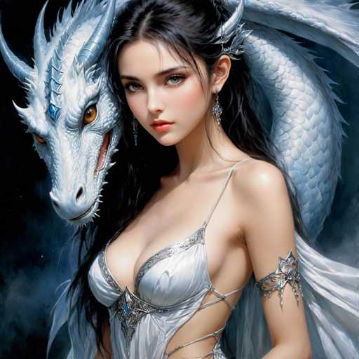 This detailed illustration depicts a young woman with long, dark hair cascading past her shoulders, adorned with a silver, horn-like accessory on the right side of her head. She has striking green eyes and is wearing a white, lacy dress that reveals her cleavage and features intricate silver trim. A silver armband adorns her left arm, and she sports a silver earring in her right ear. The woman is positioned centrally in the image, gazing directly at the viewer. To her left, a majestic white dragon with yellow eyes and a slightly open mouth appears, its head and part of its body visible. The dragon's presence adds a fantastical element to the scene. The background is a dark, smoky blue, enhancing the mystical atmosphere of the artwork.