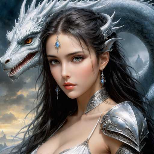 The image depicts a young woman with long, dark brown hair, adorned with a silver headpiece that features a horn-like extension on the right side. She has striking green eyes and wears a blue, diamond-shaped ornament on her forehead, complemented by matching blue earrings. Her attire includes a white dress with thin straps and a silver armor piece on her left shoulder, which is decorated with intricate patterns. The background is a dramatic, cloudy sky with hints of yellow, suggesting a sunset. To her left, a white dragon with orange eyes and sharp teeth appears to be emerging from her hair, adding a fantastical element to the scene. The overall composition blends medieval and fantasy elements, creating a captivating and detailed portrait.
