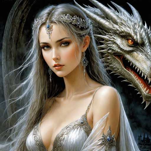 The image depicts a highly detailed fantasy painting of a young woman with long, flowing gray hair, adorned with an ornate silver headband featuring a blue jewel at its center. She has striking gray eyes, red lips, and is wearing elaborate silver earrings with blue jewels. Her attire includes a low-cut silver dress with intricate designs, and she has a silver armband on her left arm, also adorned with a blue jewel. The woman is positioned centrally in the image, looking directly at the viewer. Behind her, a menacing silver dragon with sharp teeth and glowing orange eyes looms, its body partially visible. The background is dark, with a smoky, cloudy atmosphere, and a distant castle can be seen in the bottom right corner. The overall style of the painting is richly detailed and fantastical, emphasizing the contrast between the serene beauty of the woman and the fierce presence of the dragon.