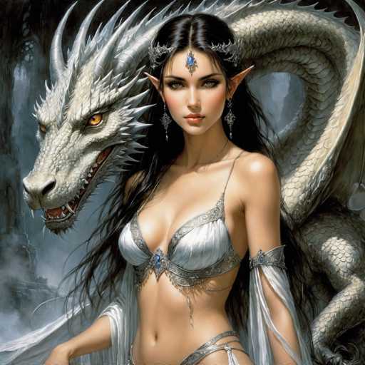 The image depicts a highly detailed, fantasy-themed painting of a woman with long, dark hair and pointed ears, reminiscent of an elf or fairy. She is adorned with a silver tiara featuring a blue jewel that rests on her forehead, complemented by matching earrings and a necklace with a similar blue gem. Her attire includes a silver bikini top with intricate designs and a flowing white cape that drapes over her arms. The woman's expression is serious, and she gazes directly at the viewer. Behind her, a large, menacing dragon with white scales and yellow eyes looms, its mouth open to reveal sharp teeth. The dragon's presence adds a sense of danger and mystique to the scene. The background is dark and smoky, enhancing the fantastical and somewhat ominous atmosphere of the painting.