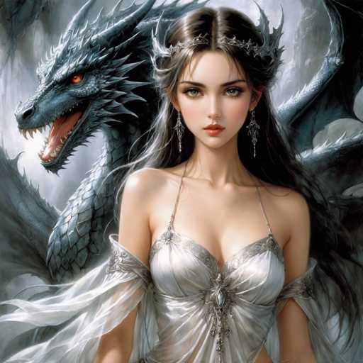 A stunning digital painting of a beautiful woman with long, flowing dark hair and piercing green eyes, adorned in an ethereal white gown. She is intimately embraced by a majestic, silver-scaled dragon with glowing red eyes and sharp teeth. The woman's gown is intricately detailed, featuring delicate silver embellishments and a shimmering fabric that seems to flow in the wind. The dragon's scales are textured, and its wings are partially visible, adding to the sense of power and grace. The overall lighting is soft and dramatic, highlighting the woman's serene expression and the dragon's intense gaze. The background is a swirling, mystical landscape of dark clouds and hints of glowing energy, creating an otherworldly atmosphere. The style is highly detailed and painterly, with a focus on capturing the beauty of both the woman and the dragon in a fantastical setting.