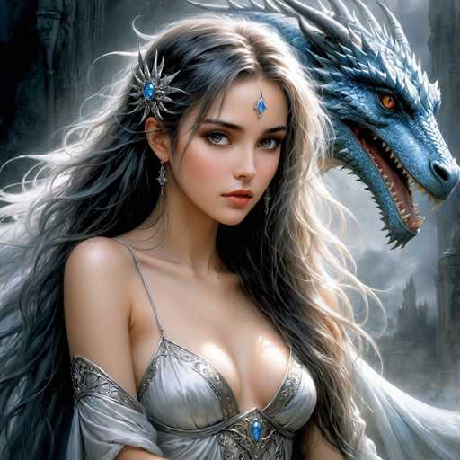 The image depicts a highly detailed, computer-generated fantasy scene featuring a young woman and a dragon. The woman, who appears to be in her late teens or early twenties, has long, flowing black hair with subtle gray highlights. She is adorned with a silver starburst ornament in her hair, which has a blue jewel at its center. Her attire includes a silver dress with thin straps and a low-cut neckline, complemented by a sheer white cape. A matching blue jewel is positioned on her forehead, and she wears diamond-shaped earrings. Her expression is serious, and she gazes directly at the viewer.

Behind her, a menacing blue dragon with orange eyes and sharp teeth emerges from the misty, gray background. The dragon's head is turned to the right, its mouth open as if poised to attack. The backdrop features a dark, foreboding sky with a distant castle barely visible through the fog, enhancing the overall mysterious and ominous atmosphere of the scene.