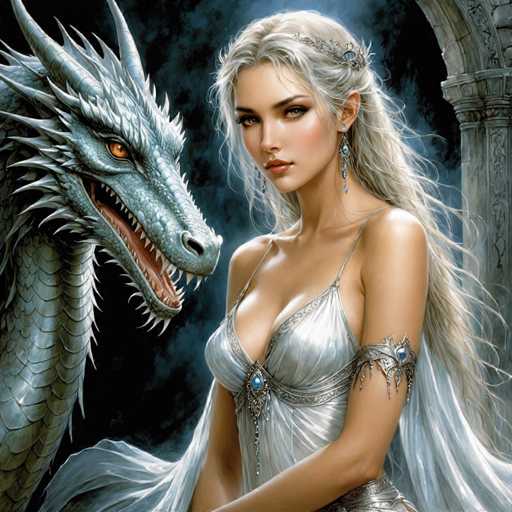 A stunning digital painting of a beautiful woman with long, flowing silver hair and piercing blue eyes, adorned in an elegant white gown embellished with intricate silver details. She is positioned close to a majestic, silvery-blue dragon with sharp scales and glowing orange eyes, its head tilted towards her in a gentle yet intense gaze. The background is dark and atmospheric, with hints of an ancient stone structure or castle in the distance. The overall style is fantasy-inspired, with a focus on detailed textures and dramatic lighting, creating a captivating and mystical scene.