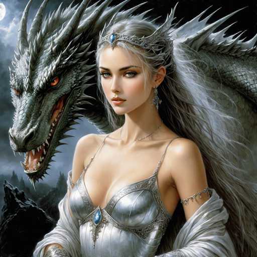 A woman with long blonde hair and a silver dress stands next to a large gray dragon with red eyes and sharp teeth.