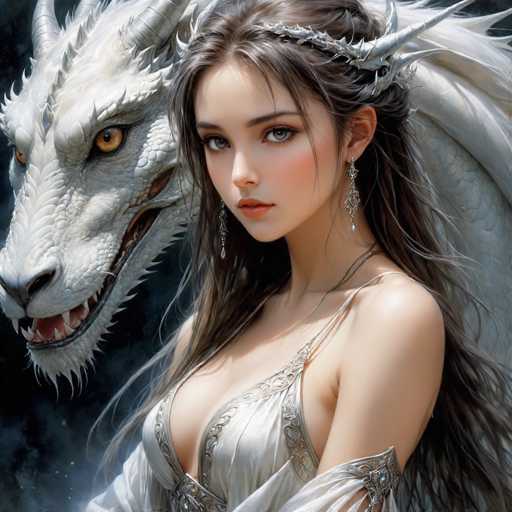 This image is a detailed, fantasy-style painting of a young woman and a dragon. The woman, who appears to be in her late teens or early twenties, has long, dark brown hair with a silver, wing-like headband. She has striking blue eyes, pink lips, and is adorned with long, dangling earrings. Her attire is a low-cut, silver dress with intricate embroidery, and she wears a necklace. The dragon, positioned to her left, is white with yellow eyes, sharp teeth, and a menacing expression. Its scales are detailed, and it has horns and a beard. The background is dark, almost black, with hints of blue, enhancing the fantastical and somewhat ominous atmosphere of the scene.