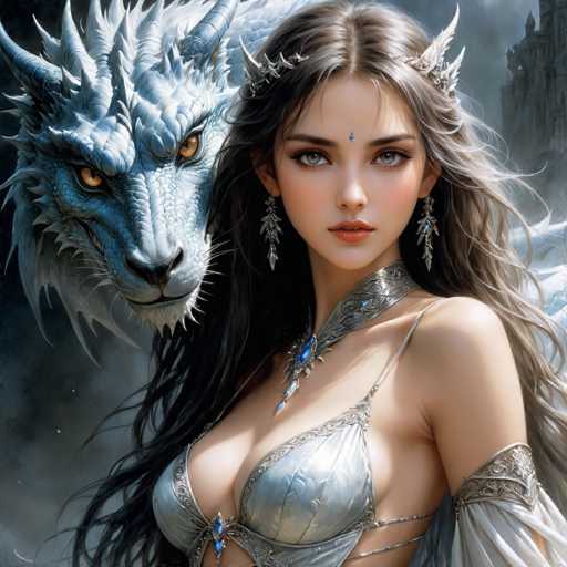 The image depicts a young woman, likely in her late teens or early twenties, with long, flowing brown hair that cascades down to her waist. She has striking blue eyes and is adorned with a silver headband featuring intricate designs. Her attire is a silver, metallic bikini top that complements her regal appearance. Around her neck, she wears a silver necklace with a prominent blue gemstone at its center. Her left arm is partially covered by a flowing white sleeve, adding an elegant touch to her ensemble.

To her left, a majestic white dragon with piercing yellow eyes and a black nose stands, its presence adding a sense of mystique and fantasy to the scene. The background is a dark, smoky gray, creating a dramatic and ethereal atmosphere. On the right side of the image, a distant castle can be seen, further enhancing the medieval and magical ambiance of the setting.