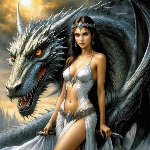 A stunning digital painting of a beautiful woman with long, dark hair and piercing eyes, adorned in an ornate white gown and a silver and blue headdress, standing closely with a majestic, scaled dragon. The woman is positioned in the center of the frame, holding a silver sword with both hands. The dragon is large and powerful, its scales shimmering in the light, with glowing orange eyes and sharp teeth. The background is a dramatic landscape of mountains shrouded in mist under a partly cloudy sky, with a full moon partially visible. The overall style is fantasy-inspired, emphasizing detail and a sense of epic scale.