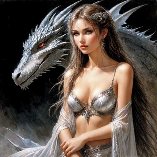 This detailed fantasy illustration features a young woman with long, flowing brown hair adorned with a silver floral headband. She has striking blue eyes and is wearing a silver, metallic bra that reveals her midriff. A silver chain with a blue pendant drapes across her chest, connecting to her matching metallic skirt. Her arms are wrapped in a sheer, white fabric that extends from her elbows to her wrists, and she wears long, dangling earrings. The background is a deep black, highlighting the ethereal quality of the scene. To her left, a majestic white dragon with red eyes and intricate scales gazes at her, its body partially visible behind her. The dragon's presence adds a sense of mystique and grandeur to the image, making it appear as though she is part of a fantastical realm.