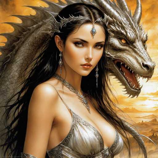 The image is a detailed, computer-generated fantasy artwork featuring a young woman and a dragon. The woman, who has long, flowing black hair, is adorned with an ornate silver headpiece that includes a blue jewel hanging between her eyes. She wears a matching silver necklace and earrings, and her attire is a low-cut silver dress that reveals her cleavage. Her expression is serious, and she gazes directly at the viewer. 

Behind her, a large, menacing dragon with gray scales and yellow eyes looms, its mouth open to reveal sharp teeth. The dragon's presence adds a sense of danger and mystique to the scene. The background is a dramatic landscape with a sky filled with orange and yellow hues, suggesting a sunset or sunrise. Below, the terrain is rocky and mountainous, with a body of water visible in the distance. The overall composition creates a striking and fantastical atmosphere.
