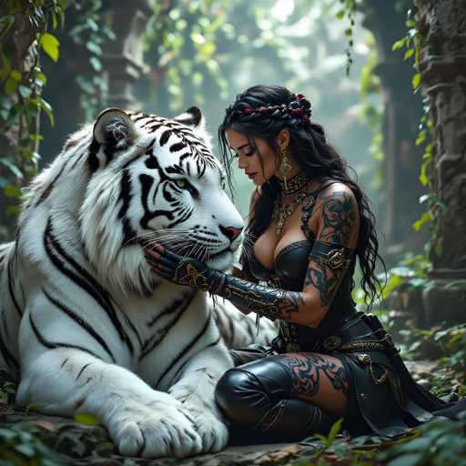 In this captivating image, a woman dressed in an elaborate black leather outfit adorned with intricate gold and silver accents sits gracefully on the ground. Her attire includes a striking dress, complemented by matching leather arm sleeves and a choker necklace. The woman's long, flowing black hair is elegantly styled with a headband featuring red and black beads, and she wears large, dangling earrings that add to her regal appearance. Her skin is adorned with numerous tattoos, adding to her unique and mesmerizing look.

Beside her, a majestic white tiger with bold black stripes lies peacefully, its piercing green eyes gazing off into the distance. The tiger's powerful presence is juxtaposed beautifully with the serene demeanor of the woman. They are both positioned on a lush bed of green leaves, which provides a natural and vibrant backdrop.

In the background, a series of stone pillars wrapped in green vines create an enchanting, almost mythical atmosphere. The pillars are partially obscured by the dense foliage, adding depth and mystery to the scene. The overall composition of the image is both enchanting and serene, capturing a moment of tranquil beauty between the woman and the tiger in their natural surroundings.