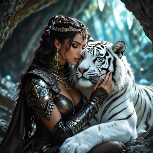 A woman dressed in medieval armor is sitting on a rock with her head resting on the tiger's back. The tiger has white fur and black stripes.