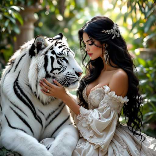 In this captivating image, a woman with long, flowing black hair adorned with a silver barrette sits gracefully beside a majestic white tiger. She is dressed in a stunning white gown that features intricate lace detailing and ruffled sleeves, exuding elegance and sophistication. Her makeup is meticulously applied, with a touch of pink lipstick adding a soft, romantic hue to her serene expression. The woman's hand gently rests on the tiger's face, showcasing a ring on her finger, while the tiger's striking green eyes gaze intently at her. The background is a lush tapestry of green leaves, with sunlight filtering through, casting a warm glow over the scene. The woman's other hand is not visible, adding an element of mystery to the composition. The overall atmosphere is one of tranquility and mutual adoration between the woman and the tiger.