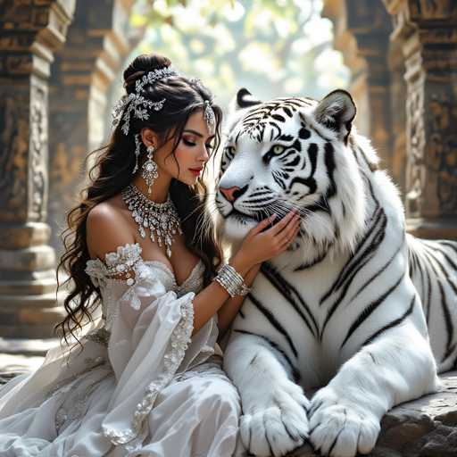 In this captivating image, a woman dressed in an elaborate white gown adorned with intricate silver embellishments sits gracefully beside a majestic white tiger. The woman's gown features delicate lace details and a silver necklace that complements her ornate silver hair accessories, which include a headband and dangling earrings. Her long, dark brown hair cascades down her back, adding to her ethereal appearance. She wears a silver bracelet on her wrist, and her nails are painted a soft pink.

The white tiger beside her is striking, with its pristine fur and distinctive black stripes. Its eyes are a mesmerizing green, and its pink nose adds a touch of color to its regal face. The tiger's paws are positioned in front of it, and it appears to be gazing off into the distance, adding a sense of mystery to the scene.

The background is slightly blurred, revealing a series of stone arches that frame the scene beautifully. Sunlight filters through the arches, casting a warm glow that enhances the serene and enchanting atmosphere of the image.