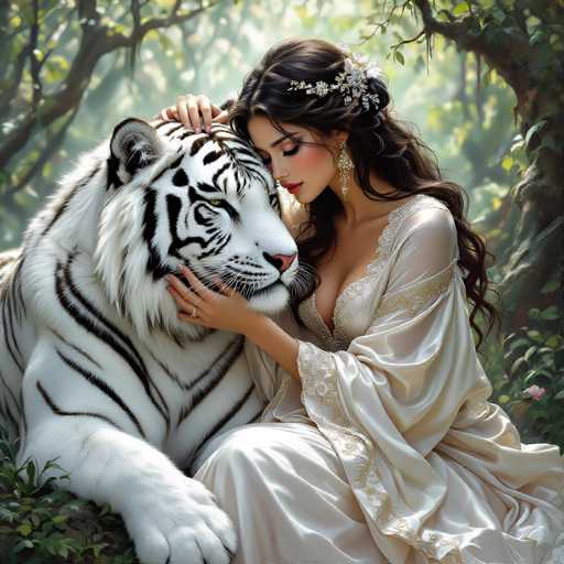 A beautiful woman with long, flowing dark hair and delicate features is gently embracing a majestic white tiger. She's wearing an elegant, flowing cream-colored gown adorned with intricate gold embroidery and is adorned with ornate golden earrings. Her eyes are closed, and her expression is serene as she rests her hands on the tiger's head. The tiger, equally calm and content, is nestled close to her, its eyes softly closed as well. They are situated in a lush, enchanted forest setting with soft, diffused lighting and a backdrop of verdant foliage. The overall mood is one of peace, harmony, and deep connection between the woman and the tiger.