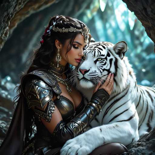 In this captivating image, a woman dressed in elaborate, medieval-style armor is seen affectionately kissing a majestic white tiger. The woman's attire features a striking combination of black and gold, with intricate designs adorning her chest plate and arm armor. Her long, flowing hair is styled in a braid, and she wears a golden headband embellished with jewels that cascades down the center of her forehead. Her eyes are closed, and her head is tilted downward, exuding a sense of serene devotion. She also sports long, dangling earrings and a choker necklace with a prominent pendant. The white tiger, with its distinctive black stripes and piercing green eyes, gazes directly at the camera, creating a powerful contrast against the blurred, forest-like background. The woman's left hand gently cradles the tiger's face, while her right hand rests on its leg, highlighting the intimate connection between the two. The overall composition of the image evokes a sense of ancient legend and primal harmony.