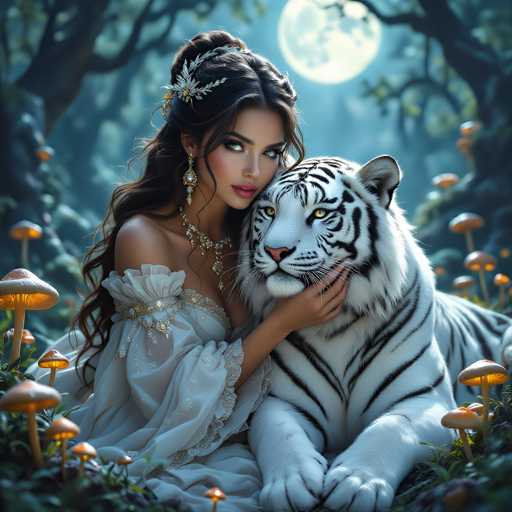 In this enchanting, AI-generated fantasy image, a young woman with long, dark brown hair styled in a half-up, half-down bun adorned with a silver leaf tiara sits gracefully on the forest floor. Her hair cascades down her back, complementing her elegant, off-the-shoulder white gown embellished with intricate gold and silver beading. She wears a matching silver leaf necklace and long, dangling earrings that add to her ethereal appearance. Her striking green eyes and pink lips are accentuated by the soft glow of the full moon that illuminates the scene from behind.

Beside her, a majestic white tiger with black stripes lies on its stomach, its front paws extended and its head resting gently on her lap. The tiger's piercing yellow eyes gaze directly at the viewer, creating a powerful connection. Surrounding them is a magical forest filled with glowing mushrooms that emit a warm, yellow light, enhancing the mystical atmosphere. The trees in the background are slightly blurred, drawing focus to the intimate moment shared between the woman and the tiger. This captivating scene evokes a sense of wonder and enchantment, reminiscent of a fairy tale or a fantasy movie.