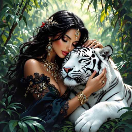 In this captivating image, a young woman with long, dark hair adorned with flowers and a gold ornament on her forehead is seen embracing a majestic white tiger. The woman, who appears to be of Indian descent, is dressed in an elaborate black lace dress with intricate gold and silver embellishments. Her attire includes a striking gold necklace and matching earrings, adding to her regal appearance. The tiger, with its eyes closed, seems serene and content as it rests its head on the woman's shoulder. They are surrounded by lush greenery, with sunlight filtering through the trees, creating a magical and ethereal atmosphere. The woman's hands gently cradle the tiger's face, highlighting the deep bond between them. The overall scene exudes a sense of tranquility and harmony, making it a truly enchanting and beautiful image.