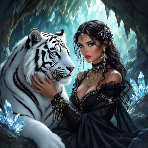 The image depicts a highly detailed, computer-generated scene of a woman and a white tiger inside a cave. The woman, who has long, dark hair adorned with flowers and a headpiece, is dressed in an elaborate black gown embellished with jewels and lace. She has striking green eyes, red lips, and is wearing a choker necklace along with other ornate jewelry. Her nails are painted pink, and she wears a ring on her right hand, which she uses to gently pet the tiger. The tiger, with its white fur and black stripes, has piercing green eyes and a pink nose. The cave is illuminated by light streaming in from the top, highlighting the blue crystals and rock formations around them. The woman gazes directly at the viewer, while the tiger looks off to the side, creating a captivating and mystical atmosphere.