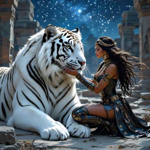 A woman dressed in gold and black sits on a rock with her hands resting on the tiger's back. The tiger is white with black stripes and stands majestically behind the woman.