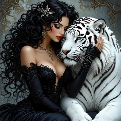 This AI-generated image depicts a strikingly realistic yet slightly surreal scene of a woman in an elegant black dress, with long, curly black hair adorned with a silver star. She is leaning her head affectionately against a majestic white tiger, which has distinctive black stripes and piercing green eyes. The woman's dress features a plunging neckline that reveals a significant amount of cleavage, and she wears long black gloves that extend up to her elbows. Her makeup is bold, with bright red lipstick and heavy eye shadow, and she accessorizes with a silver necklace and dangling earrings. The background is a muted grayish-blue, with intricate, swirling gold designs in the corners that add a touch of opulence to the scene. The woman's eyes are closed, and her hand gently rests on the tiger's neck, emphasizing the bond between them. The overall composition, with its blend of realistic and fantastical elements, creates a captivating and somewhat dreamlike atmosphere.