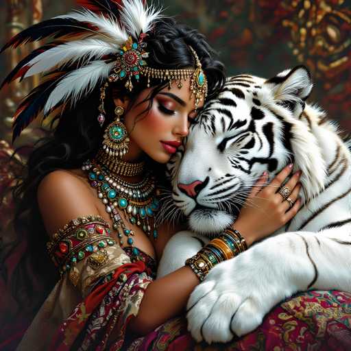 In this AI-generated image, a woman with long, dark hair adorned with a headpiece featuring white and black feathers, along with turquoise and red jewels, is seen in an intimate embrace with a white tiger. The woman, who has brown skin, is dressed in an elaborate, colorful outfit that includes a turquoise and gold necklace, a turquoise and gold armband, and multiple bracelets. Her makeup is striking, with red lipstick and blush on her cheeks. She is gently cradling the tiger's head with her left hand, her fingers resting on its neck, while the tiger's head is nestled against her own. The tiger, with its eyes closed, has a pink nose and black stripes, and its right paw is visible in the foreground. The background is blurred, with indistinct hues of brown, red, and green, adding to the dreamlike quality of the scene.