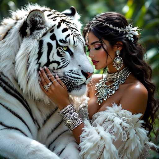 In this captivating image, a woman with long, dark brown hair adorned with a silver headband featuring a prominent feather is seen in an intimate embrace with a majestic white tiger. The woman, who has a medium complexion, is dressed in an elegant white gown with intricate silver embellishments. Her attire includes a striking silver necklace with a large pendant, multiple silver bracelets on her right wrist, and a ring on her right hand. Her makeup is meticulously applied, with pink lipstick and carefully done eyebrows enhancing her features. The tiger, with its striking yellow eyes and black stripes, appears calm and is gazing off to the side. The background is a lush green, suggesting a natural setting, though it is blurred, keeping the focus on the tender moment between the woman and the tiger.
