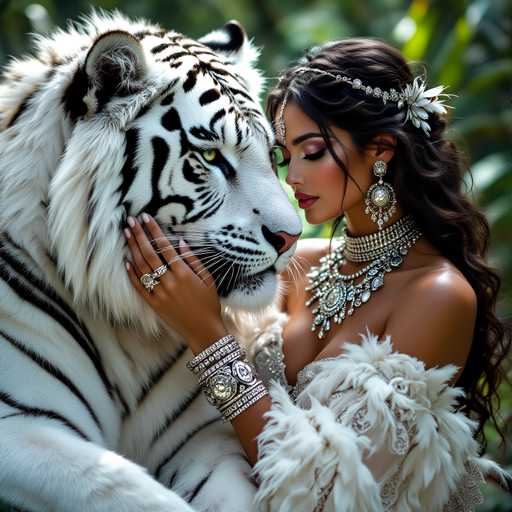 A woman with long brown hair is seen embracing a majestic white tiger. The tiger's fur is as white as snow and its eyes are a striking green color. The woman is wearing a gold necklace and earrings that glint in the light.