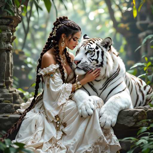 In this captivating image, a woman dressed in an elaborate white gown adorned with intricate gold and blue accents sits gracefully on a stone bench. Her gown features a low-cut neckline, revealing a hint of cleavage, and is embellished with delicate lace details. The woman's long, dark brown hair is styled in multiple braids, each intricately decorated with gold and white floral ornaments. Her face is adorned with striking makeup, including bold red lipstick and dramatic black eyeliner, and she wears elegant gold earrings.

Her left hand gently rests on the face of a majestic white tiger beside her. The tiger, with its piercing yellow eyes and distinctive black stripes, gazes intently at the woman. Its pink nose and black whiskers add to its striking appearance. The woman's other hand is adorned with a gold bracelet, adding to her regal ensemble.

The background is a lush, verdant forest, with sunlight filtering through the trees, casting a warm glow on the scene. The overall composition exudes a sense of serene beauty and mutual trust between the woman and the tiger.