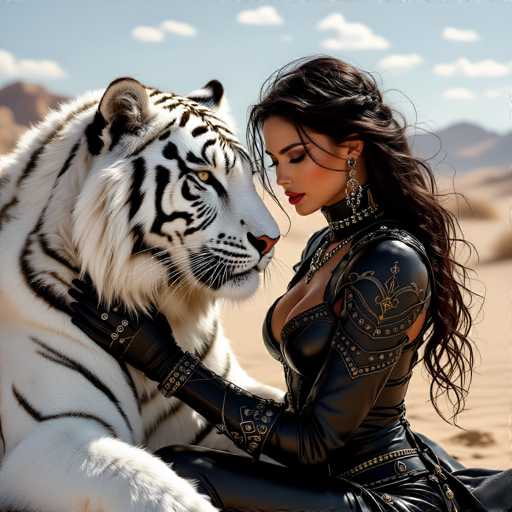 In this captivating image, a woman dressed in an elaborate black leather outfit sits gracefully beside a majestic white tiger. The woman's attire features intricate gold accents and is adorned with various buckles and straps, adding to its complexity. She wears a choker-style collar embellished with silver or diamond-like stones, and her long, dark hair cascades down her back, partially braided at the top. Her makeup is striking, with bold red lipstick and dramatic eyeliner that accentuates her eyes. She accessorizes with long, dangling earrings that add an elegant touch to her ensemble.

The white tiger beside her is equally impressive, with its pristine fur and distinctive black stripes. Its piercing yellow eyes and pink nose stand out against its sleek coat. The woman gently cradles the tiger's head with her hand, her fingers resting on its neck, suggesting a deep bond between them. The background is a serene desert landscape, with sandy dunes stretching out under a clear blue sky dotted with a few clouds. In the distance, a mountain range adds depth to the scene, completing this striking and harmonious tableau.