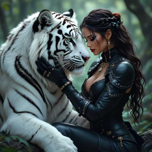 In this captivating image, a woman dressed in an elaborate black leather outfit sits gracefully on a rock, her long, dark hair cascading down her back. She wears a striking black leather dress adorned with intricate gold accents, including a prominent gold chain draped around her neck. Her ensemble is completed with black leather gloves, also embellished with gold details. The woman's face is adorned with bold red lipstick and dramatic eye makeup, enhancing her striking features. She tenderly cradles the head of a majestic white tiger with black stripes, which gazes back at her with an intense, almost mesmerizing stare. The tiger's powerful presence is juxtaposed against the woman's serene and composed demeanor, creating a scene of profound connection between human and beast. The background is a lush forest, with trees and foliage softly blurred, adding depth and a sense of mystery to the setting. The overall composition exudes a sense of wild beauty and untamed grace, capturing a moment of serene interaction in a natural, yet fantastical environment.