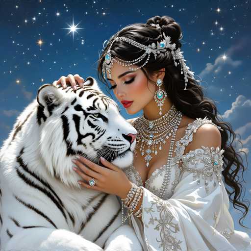 A beautiful, ethereal digital painting of a woman and a white tiger embracing under a starry night sky. The woman is adorned in intricate, ornate jewelry, including a headpiece with sparkling gems and a detailed necklace. She has long, flowing dark hair and is wearing a white gown with delicate embellishments. The tiger is equally majestic, its fur gleaming in the moonlight and its eyes gazing lovingly at the woman. The background is a deep blue night sky filled with twinkling stars and shimmering, sparkling celestial dust. The overall mood is one of peace, harmony, and a deep connection between the woman and the tiger. The style is highly detailed and fantastical, with a focus on soft lighting and rich textures.