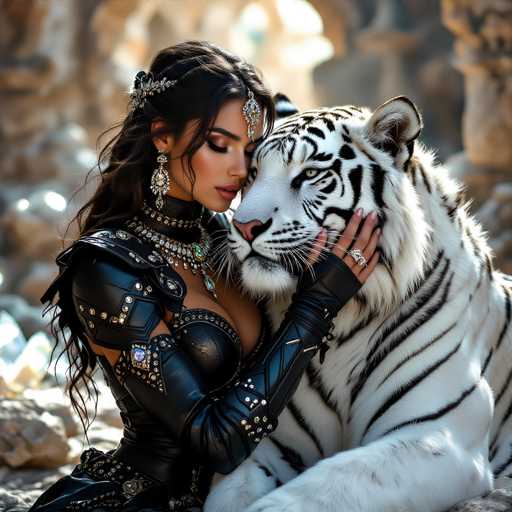 In this captivating image, a woman with long, dark brown hair adorned with a silver headpiece is seen in an intimate embrace with a majestic white tiger. The woman, who appears to be of Hispanic descent, is dressed in an elaborate black leather outfit that features intricate silver and blue gemstone accents. Her attire includes a corset-like top and matching arm sleeves, adding to her striking appearance. She wears long, dangling earrings and a thick, jeweled necklace that complements her outfit. Her eyes are closed, and her head rests lovingly against the tiger's face, with her left hand gently cradling its cheek. The tiger, with its piercing green eyes and pink nose, gazes off to the side, seemingly at ease in her company. The background is a blurred mix of brown and gray hues, possibly indicating a rocky terrain or a cave-like setting, which adds a sense of mystery and wildness to the scene. The overall composition highlights the tender connection between the woman and the tiger amidst a rugged, natural environment.