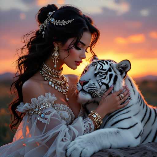 In this captivating image, a woman with long, dark hair adorned with a silver and blue headpiece is seen in an intimate embrace with a majestic white tiger. She is dressed in an elaborate, white gown that features intricate silver and blue accents, perfectly complementing her elegant appearance. Her attire includes a striking silver necklace with blue stones, and she wears a silver bracelet on her left wrist. Her nails are painted a delicate pink, adding a touch of femininity to her look. The woman's eyes are closed, and she tenderly looks down at the tiger, which gazes back at her with a calm, serene expression. The background is a stunning blend of orange and blue hues, suggesting either a sunrise or sunset, with the sky adorned with clouds. The scene is set against a backdrop of lush green grass, enhancing the natural beauty of the moment.