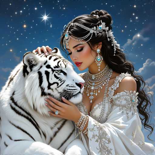 This AI-generated image depicts a striking scene of a woman in elaborate attire, holding a majestic white tiger. The woman, who has long, dark brown hair styled in an intricate updo with a silver headpiece adorned with blue jewels, is dressed in a flowing white gown with intricate silver embroidery. Her makeup is meticulously applied, featuring bold red lipstick and dramatic eye shadow, enhancing her regal appearance. She wears multiple pieces of jewelry, including a large blue gemstone ring on her right hand, several bracelets, and a grand necklace with multiple layers of silver and blue jewels. The white tiger, with its distinctive black stripes, is positioned to the left of the image, gazing off into the distance. The background showcases a deep blue night sky filled with stars, adding to the ethereal and dreamlike quality of the scene.