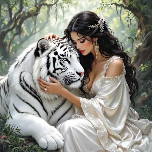 In this captivating image, a woman with long, dark hair adorned with a silver and white flower sits gracefully on a grassy area. She is dressed in a flowing white gown with intricate lace detailing on the shoulders and chest, exuding elegance. Her makeup is striking, featuring bold red lipstick and long, dangling earrings that add to her regal appearance. The woman's eyes are closed, and she tenderly cradles the head of a majestic white tiger with black stripes, her hands gently resting on its face. The tiger, with its piercing green eyes and pink nose, gazes off to the right, seemingly at ease in her company. The background is a lush forest filled with towering trees, their branches and leaves creating a serene canopy. The scene is bathed in soft light, highlighting the woman's delicate features and the majestic presence of the tiger, creating a moment of perfect harmony between human and nature.