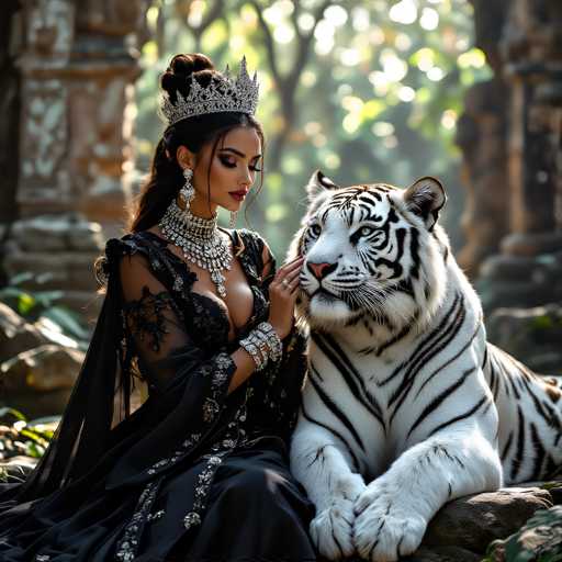 In this captivating image, a woman dressed in an elaborate black gown adorned with intricate silver floral patterns and sheer sleeves sits gracefully beside a majestic white tiger. Her gown features a deep V-neckline, revealing a hint of cleavage, and is complemented by a sheer black shawl draped over her shoulders. The woman's long, dark hair is styled in an elegant updo, with a few loose strands framing her face. She wears a silver tiara with pointed spikes, adding a regal touch to her appearance. Her makeup is striking, with bold red lipstick and dramatic eye shadow, and she accessorizes with long, dangling earrings and a thick, ornate silver necklace. A silver bracelet adorns her wrist, and a ring graces her finger as she gently touches the tiger's face. The white tiger, with its piercing yellow eyes and black stripes, sits regally on a rock, its paws crossed in front of it. The background is a blur of green trees and brown stone columns, suggesting an ancient, serene setting that enhances the ethereal quality of the scene.