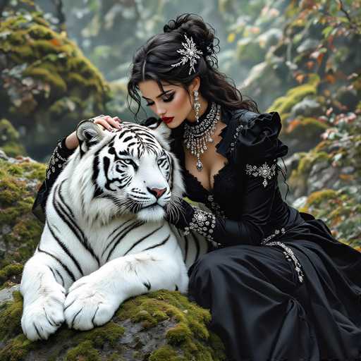 In this captivating image, a woman dressed in an elaborate black gown adorned with intricate silver embellishments sits gracefully beside a majestic white tiger. The woman's gown features puffy sleeves and a deep neckline, complemented by a matching silver belt that cinches her waist. Her long, dark hair is elegantly styled into a bun, accentuated by a silver hair clip. She wears long, dangling earrings and a thick, ornate silver necklace that adds to her regal appearance. Her makeup is striking, with bold red lipstick and dramatic black eyeliner that enhances her intense gaze. The woman's right hand rests gently on the tiger's head, while her left hand is placed on its chest, showcasing her connection with the powerful creature. The white tiger, with its piercing eyes and distinctive black stripes, lies on a moss-covered rock, its front paws extended forward. The background is a lush, green forest, with trees and foliage adding to the serene and mystical atmosphere of the scene.