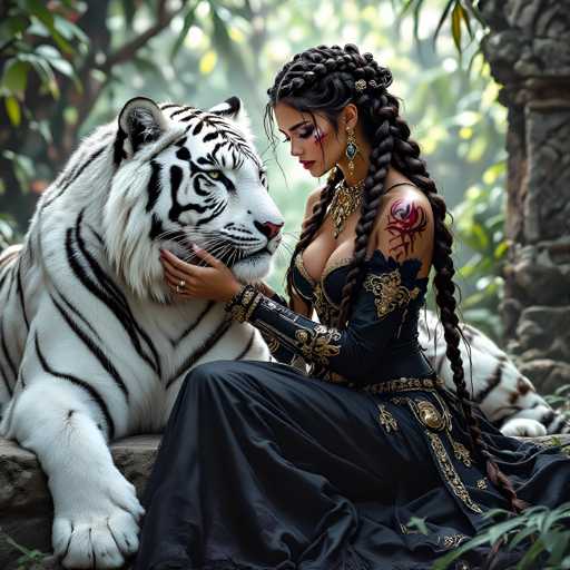 In this captivating image, a woman dressed in an elaborate black gown adorned with intricate gold designs sits gracefully beside a majestic white tiger. The woman's gown features a striking gold belt with a prominent buckle, and her sleeves are embellished with ornate gold patterns. Her hair is styled in multiple braids, and she wears a distinctive red tattoo on her shoulder, adding to her exotic allure. Her face is adorned with a touch of red paint on her cheek, and she gazes down at the tiger with a serene expression. The white tiger, with its striking black stripes, looks up at her, creating a powerful and enchanting scene. The background is slightly blurred, hinting at a lush forest setting with trees and possibly a stone structure, enhancing the mystical atmosphere of this mesmerizing moment.