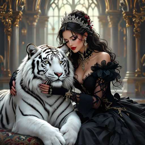 In this AI-generated image, a woman dressed in an elaborate black gown adorned with gold accents sits gracefully on a cushion. Her gown features intricate lace sleeves that extend to her wrists, where she wears black fingerless gloves. She has long, flowing black hair and wears a silver tiara embellished with red flowers. Her makeup is striking, with bright red lipstick and dark eyeshadow that accentuates her eyes. She accessorizes with long, dangling earrings and a large, ornate necklace.

The woman is tenderly holding a majestic white tiger with black stripes, which has piercing yellow eyes and a pink nose. The tiger's front paws are visible, and it appears to be gazing off into the distance. The background reveals a grand, ornate building with white pillars and gold trim, adding to the regal atmosphere of the scene.