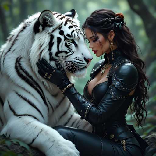 A woman with long brown hair is sitting on a rock in a forest surrounded by trees and bushes. She is wearing a black leather outfit that includes a corset and boots. The woman has red lipstick on her lips and gold earrings. Next to the woman, there is a large white tiger with striking black stripes.