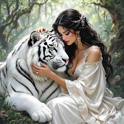 A woman with long dark hair wearing a white dress is sitting on the ground next to a large tiger statue. The tiger has white fur and black stripes and is facing towards the right side of the image.