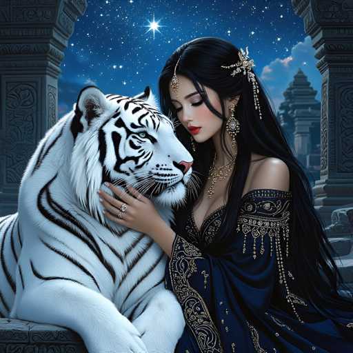 This AI-generated image depicts a young woman with long, dark hair adorned with a silver and gold headpiece that drapes over her forehead. She is wearing a dark blue dress with intricate gold embroidery and beading, which leaves her shoulders bare. Her makeup is striking, featuring bright red lipstick and blush on her cheeks. The woman is seated next to a white tiger with black stripes, which has light green eyes and is looking at her. She is gently petting the tiger's chin with her right hand, which is adorned with a large ring on her middle finger. The background features a night sky filled with stars, a distant building, and two stone columns on either side of the woman. The overall scene exudes a sense of elegance and tranquility, with the woman's serene expression and the majestic presence of the tiger.