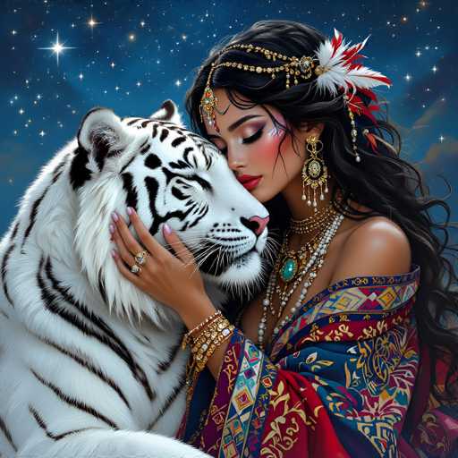 In this captivating digital artwork, a woman with long, flowing black hair adorned with a gold headband and red and white feathers is depicted in an intimate embrace with a majestic white tiger. The woman, who has a darker complexion, is dressed in a vibrant, intricately patterned dress featuring shades of blue, red, yellow, and gold. Her eyes are closed as she tenderly kisses the tiger's nose, her hand gently cradling its head. The tiger, with its striking black stripes and a pink nose, gazes lovingly at her. Both figures are set against a mesmerizing backdrop of a starry night sky, with a particularly bright star shining behind the woman's head. The scene exudes a sense of tranquility and mutual affection, beautifully blending elements of fantasy and realism.